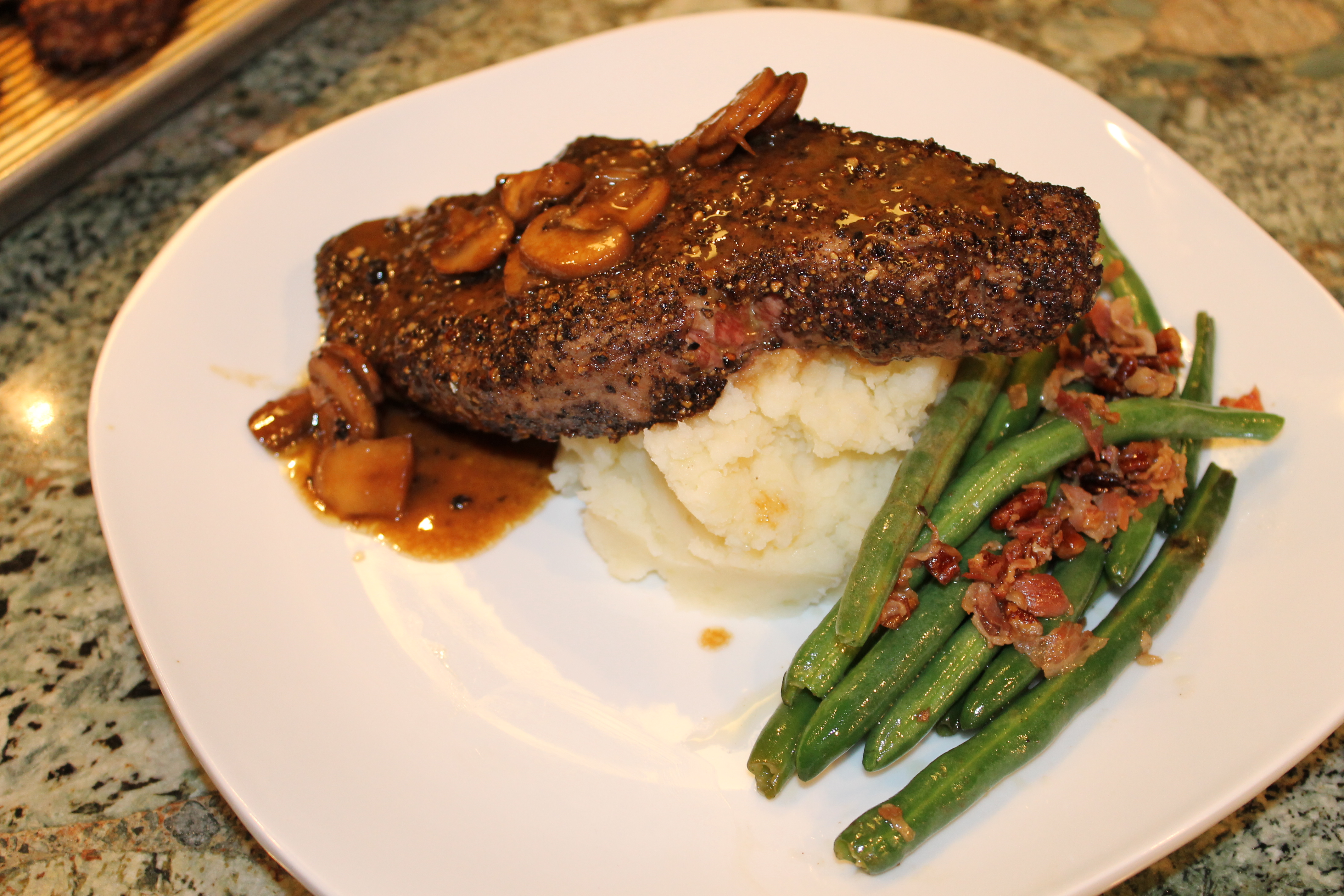 Roasted Green Beans with Pancetta and Mashed Potatoes